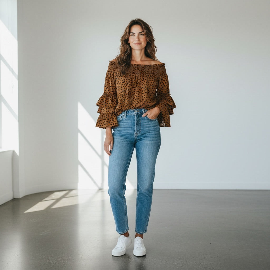 Brown with Black Polka Dots And The Why Smocked Off-the-Shoulder Polka Dot Top, Small